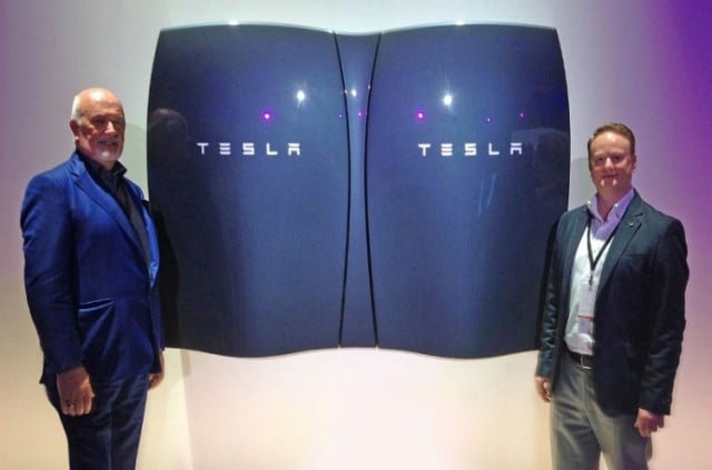 Pictured (left to right) at the recent launch event of the Tesla Powerwall home battery system in California are Gaelectric Group CEO, Brendan McGrath and Gaelectric Head of Energy Storage, Keith McGrane.