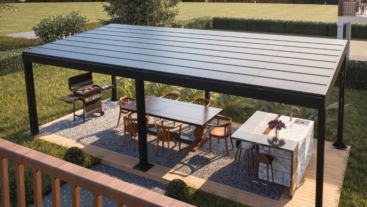 This attractive solar pergola can provide shade in your garden, power your home or charge your electric car